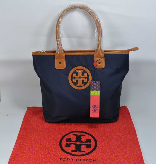 New Tory Burch Navy Blue Stacked Logo Tote Bags